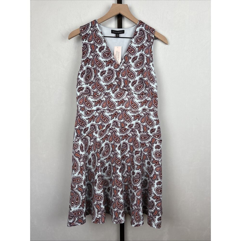 Banana Republic Paisley Dress Womens 8P Blue Brown Sleeveless Preppy Classic NEW